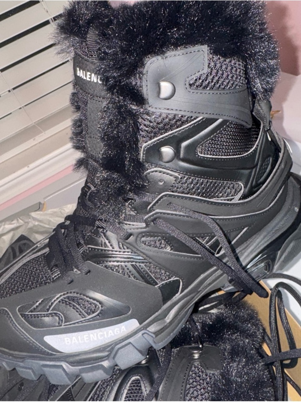 Balenciaga Black Faux Fur Trail Boots